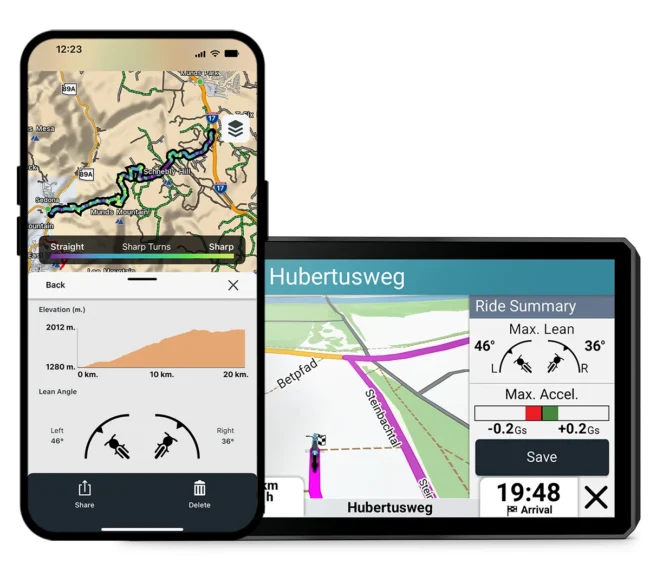 Garmin zūmo XT3 na motocyklu – widok kokpitu z funkcją pomiaru przechyłu
Profesjonalny montaż nawigacji Garmin zūmo XT3 na kierownicy motocykla. Ekran urządzenia pokazuje aktualną trasę oraz włączony w czasie rzeczywistym wskaźnik kąta przechyłu (Live Lean Angle), który pozwala motocyklistom analizować swoją technikę jazdy na winklach.